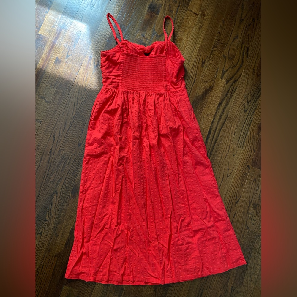 💃🏻tie front midi dress vibrant coral red adjustable straps cotton blend summer M - Picture 3 of 15